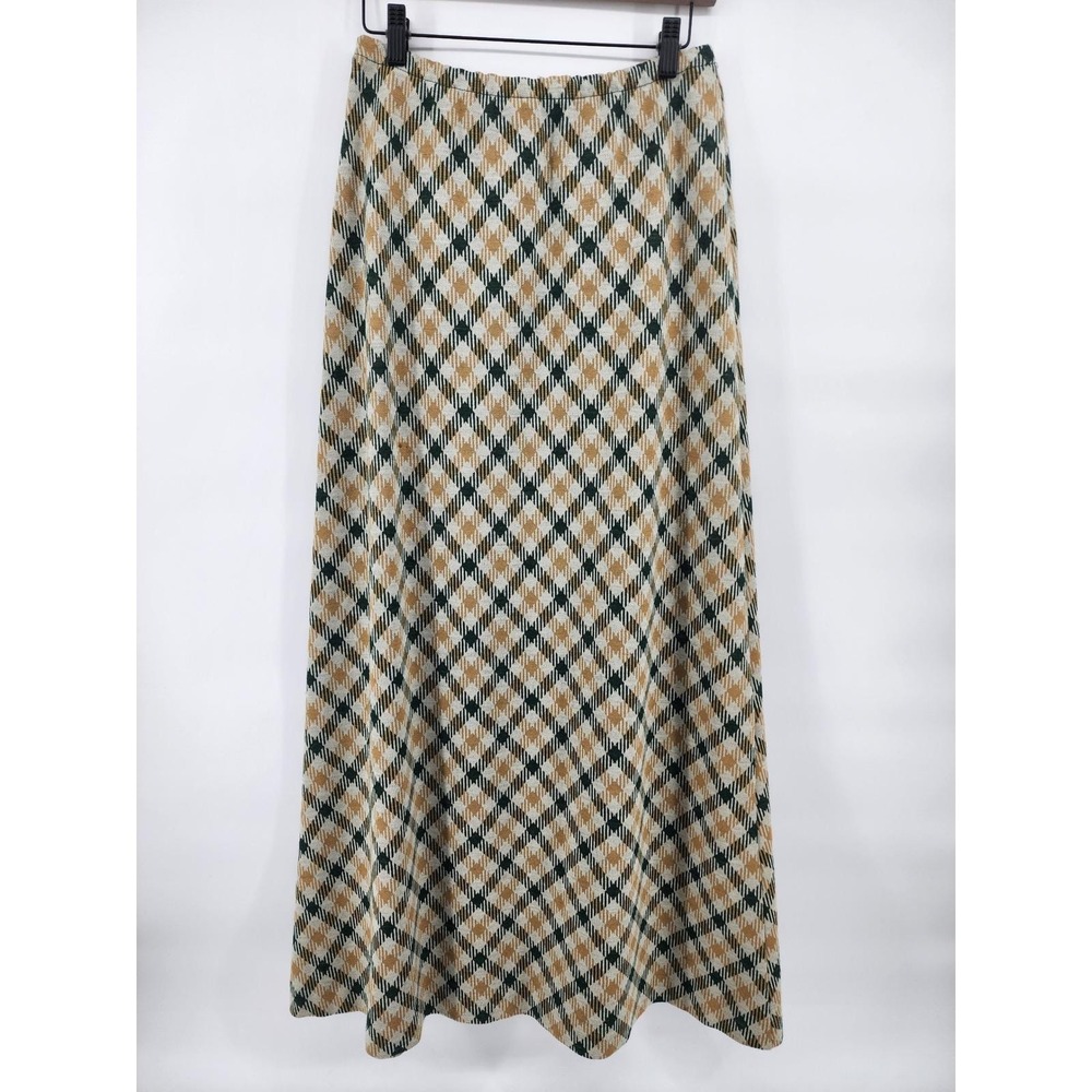 Vintage  sz 14 Plaid Maxi‎ Skirt Bohemian Beige Green Tartan Full Length Union